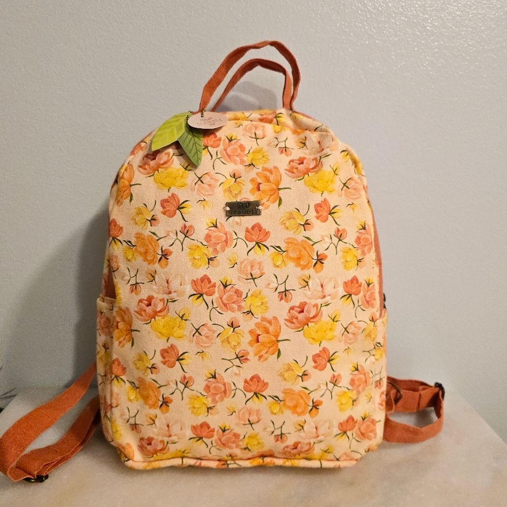 1 Canoe 2 Petaluma Backpack Peach Yellow Orange Floral Canvas NWT